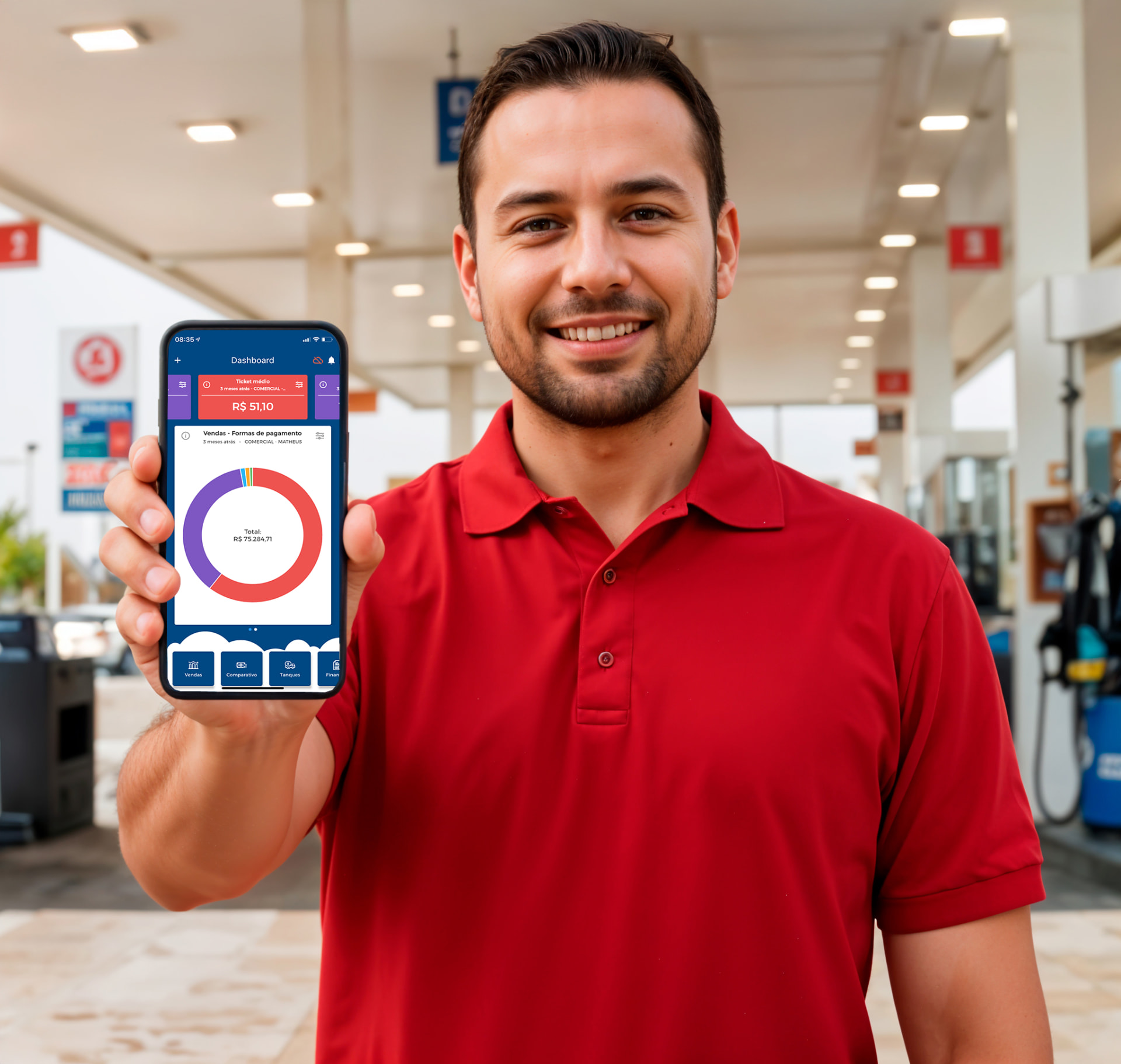Frentista em posto de combustível mostrando o aplicativo webPosto mobile com dashboard de vendas