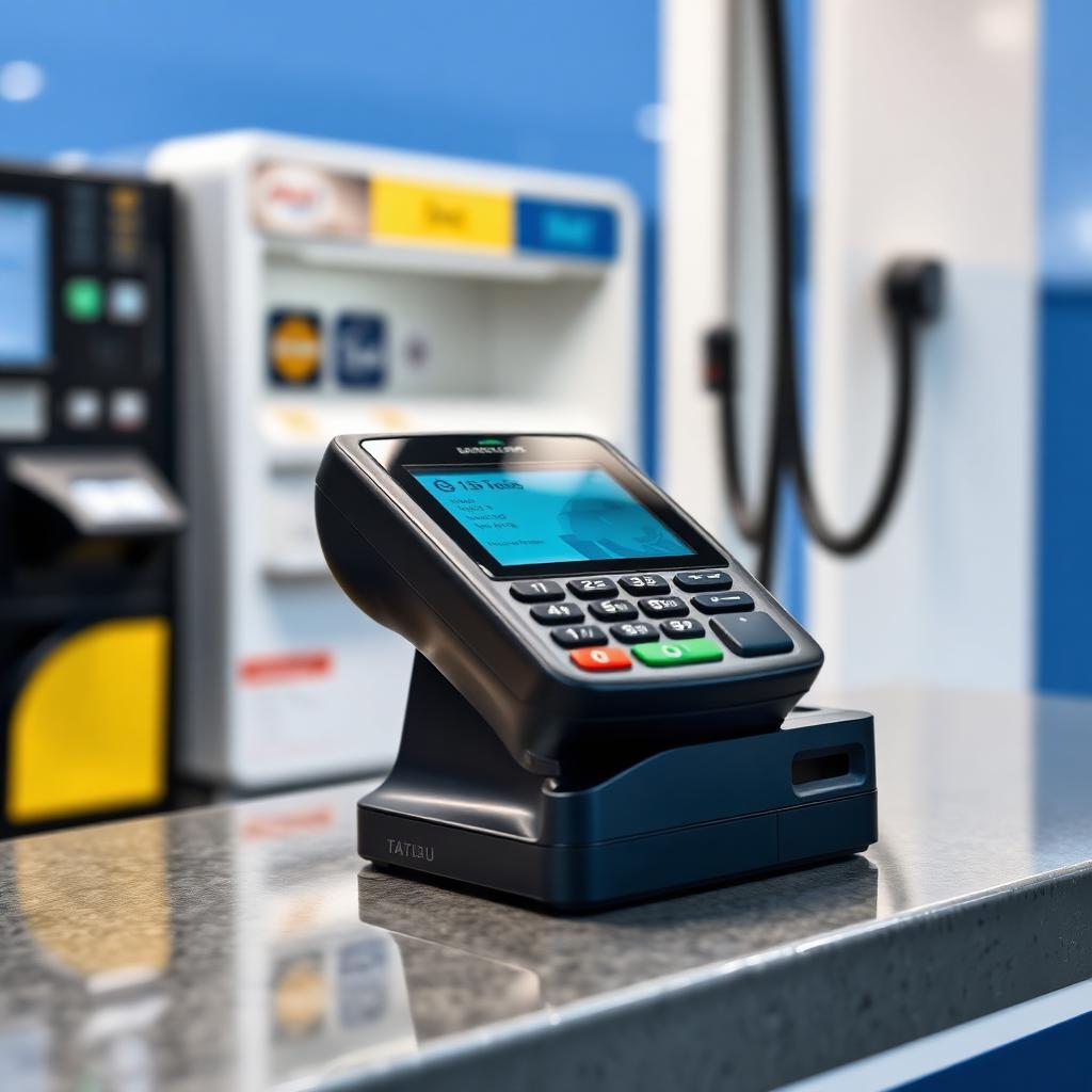 Maquininha de cartão integrada no balcão do posto de combustíveis